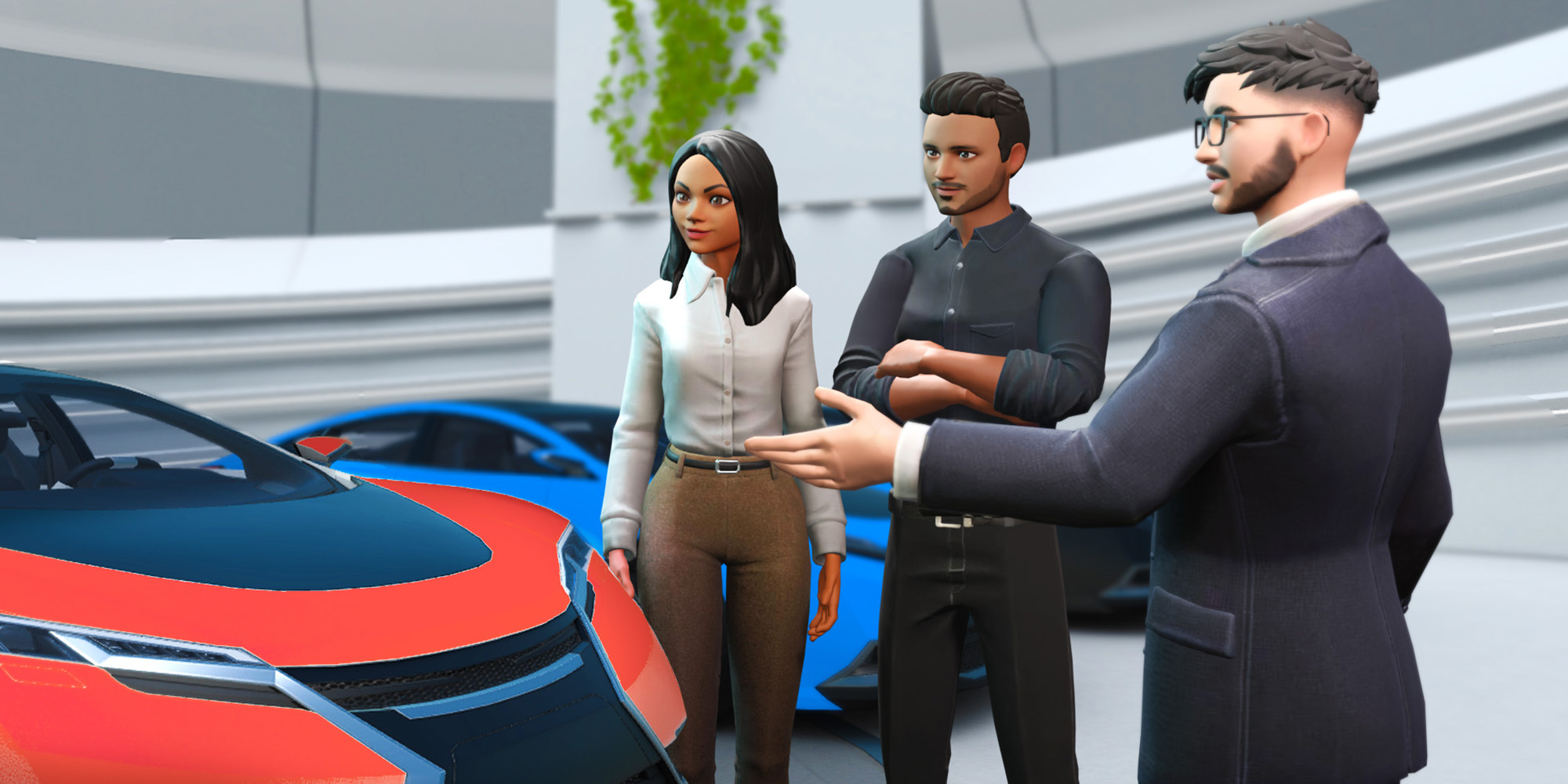 Sales team with 3D avatars discussing automotive products in virtual showroom