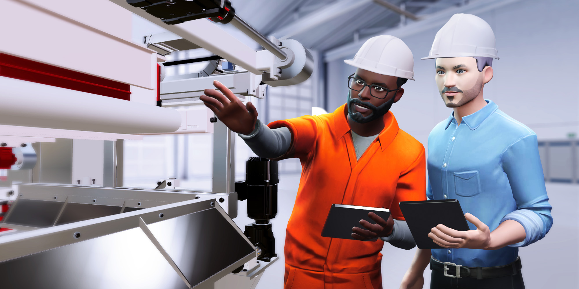 Production workers training with machinery in industrial setting