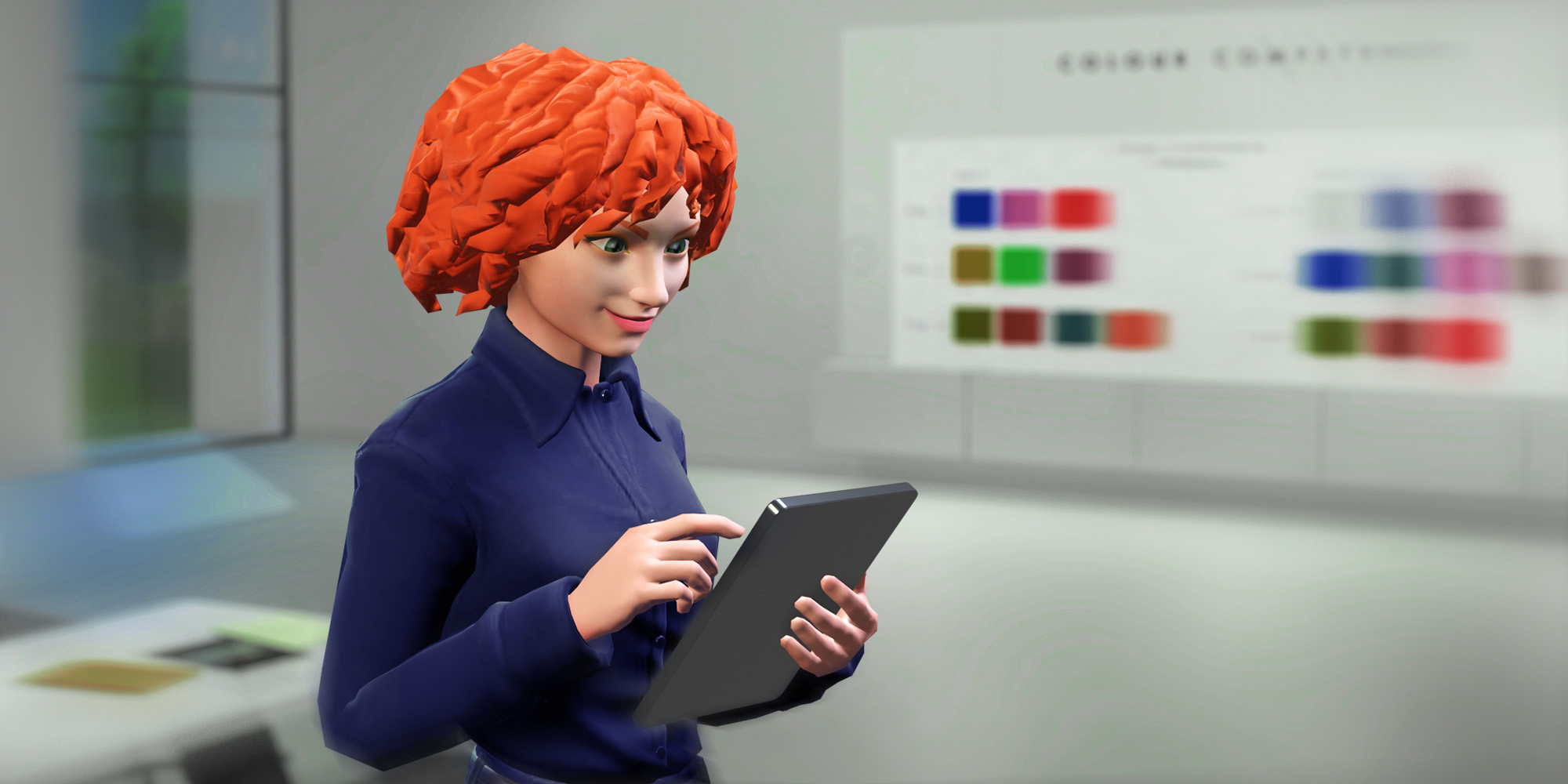 Professional woman with tablet in modern office setting for compliance training